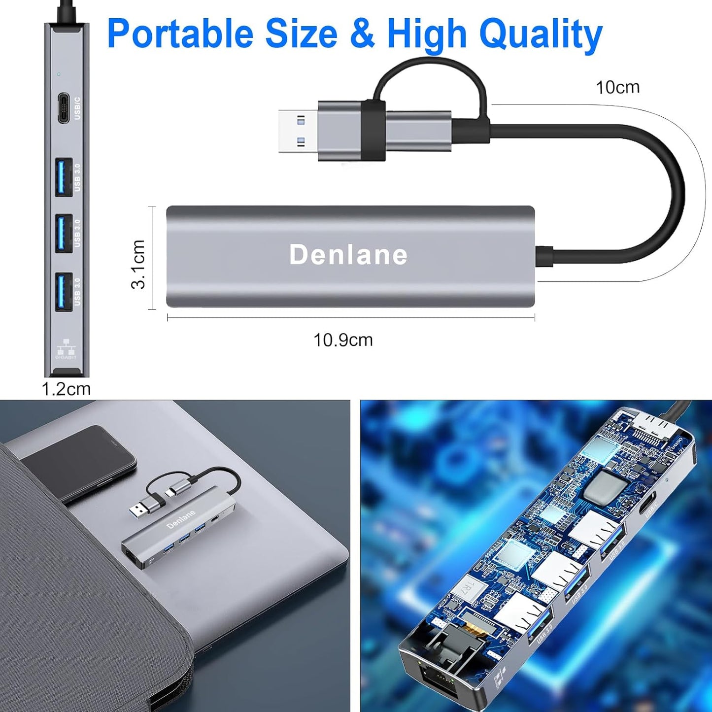 Denlane 3.0 5 2 4-Port 3.0 1000Mbps RJ45 USB C USB to Ethernet Adapter, in Gigabit USB Ethernet Hub for Laptop