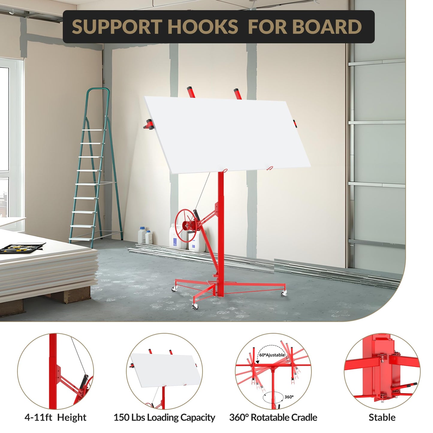 Drywall Lift 16 ft, Heavy-Duty 150 Lbs Drywall Rolling Lifter Panel, Sheetrock Hoist Lift Drywall Jack Lift for Ceiling, Drywall Panel Hoist with 360°Adjustable Telescopic Arm &3 Lockable Wheels, Red