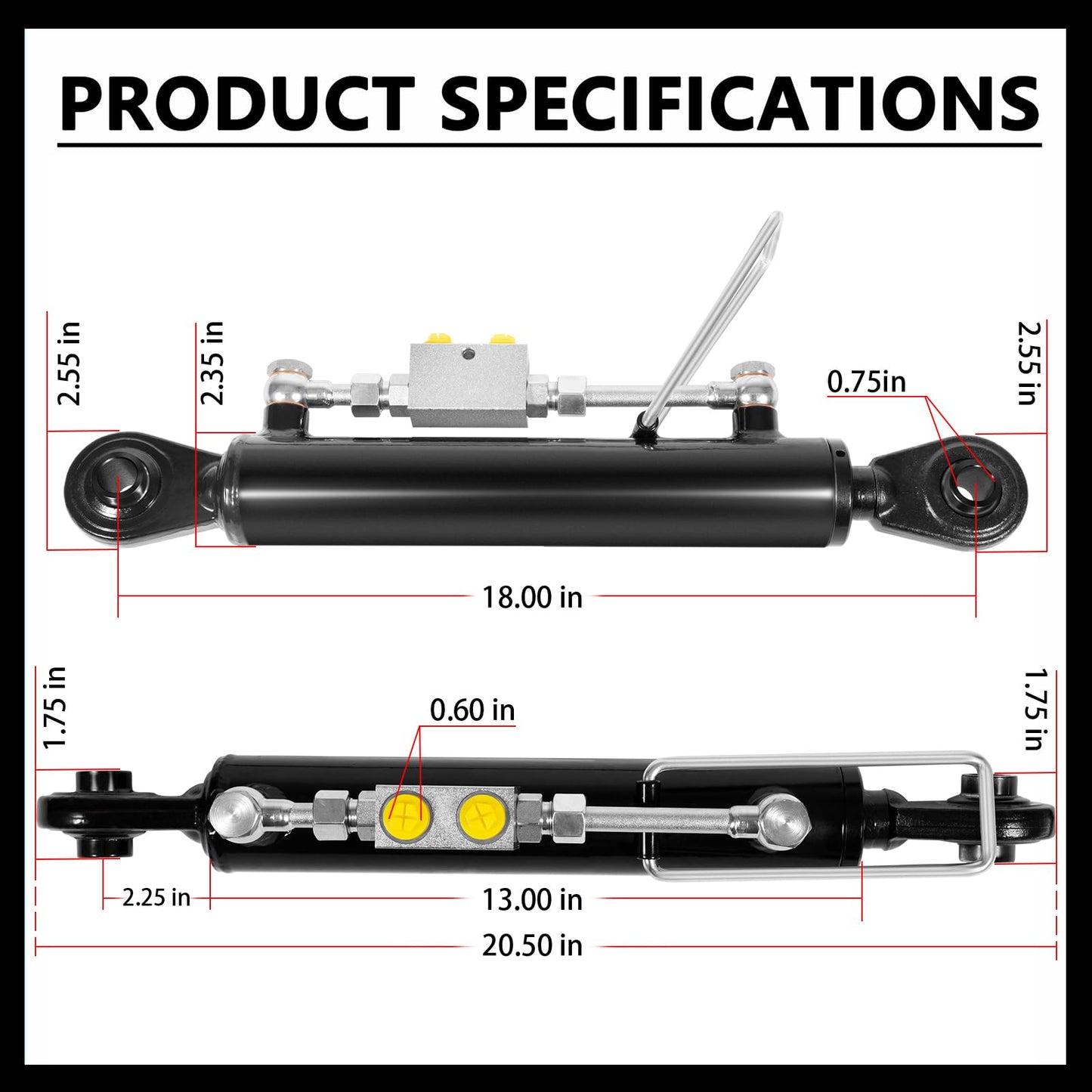 Hydraulic Top Link Cat. 1-1 18 1/8” – 26 3/8” with Locking Block and 2 x Hoses，SPH320032 for Tractor Excavators and Class 1& 2 Equipment