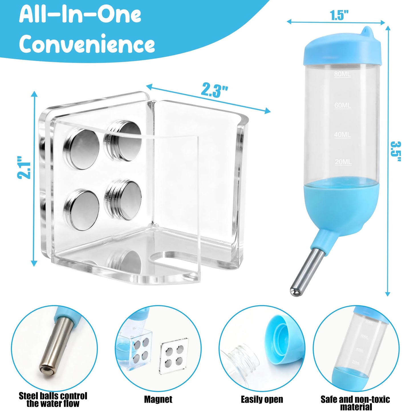 Magnetic Hamster Water Bottle Holder with Water Bottle, Adjustable Height Drop-Resistant Stand, Fits Bottles up to 2" Dia, Universal for Small Pets (Hamsters, Gerbils, Mice), Hamster Cage Accessories