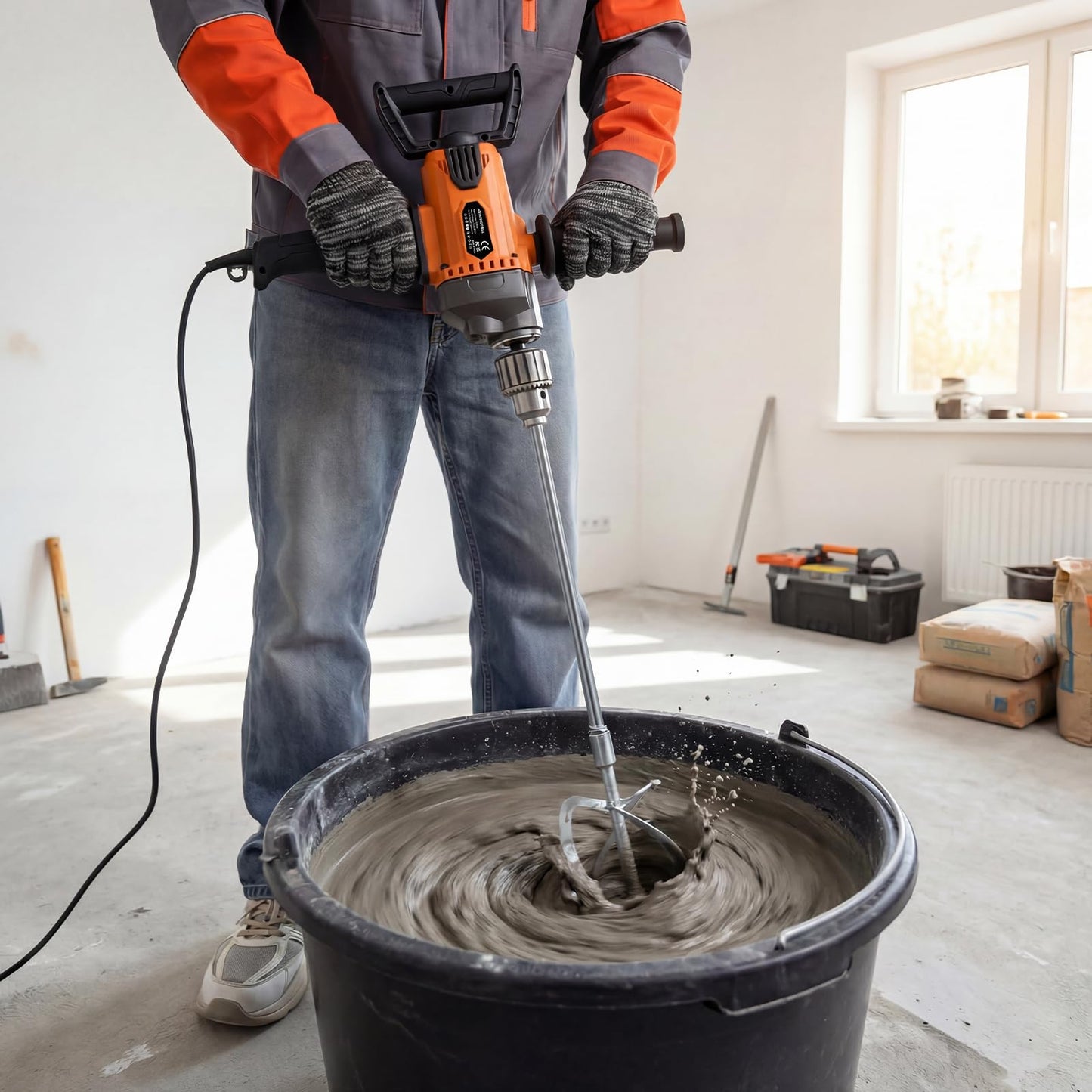 GEARPASS Drill Mixer Set, 20 Amp Corded Mixing Drill with 5/8" All-Metal Chuck, 1100 RPM Heavy Duty Concrete Mud Mixer with 360° Adjustable D-Handle for Cement Mortar Paint Grout Plaster Thinset