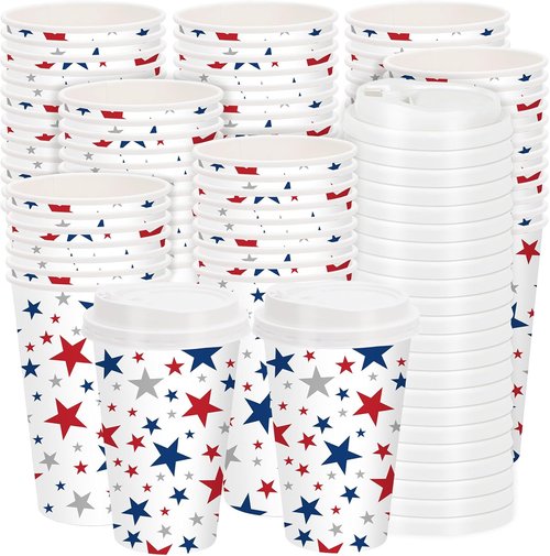 FYSUIMU 50-Pack Patriotic Disposable Coffee Cups - 16oz Red & Blue Star Design for 4th of July Celebrations