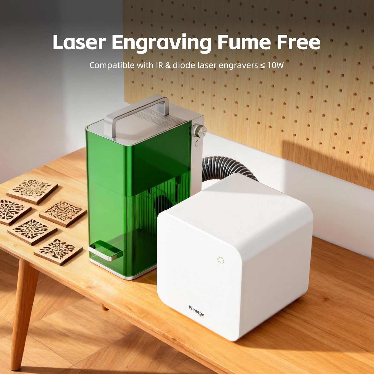 FUMEGO Laser Fume Extractor Compatible with F1/F2/Lumos/LP2/LP4 Laser Engravers ≤ 10W, 106 CFM & 55 dB Smoke Purifier for Laser Engraver, Laser Smoke Extractor HEPA Filtration Removes 99.97% of Fume