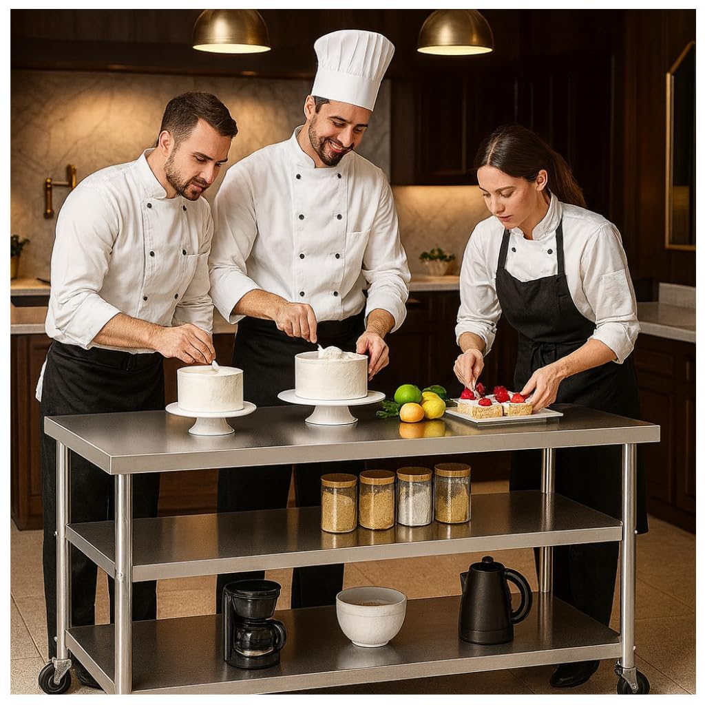 Stainless Steel Table with Wheels for Food Preparation and Work Extra-Large, Multi-Size Optional, Three-Layer Variable Two-Layer Metal Commercial Workbench Restaurant, Kitchen (60" Lx24 Wx34 H)