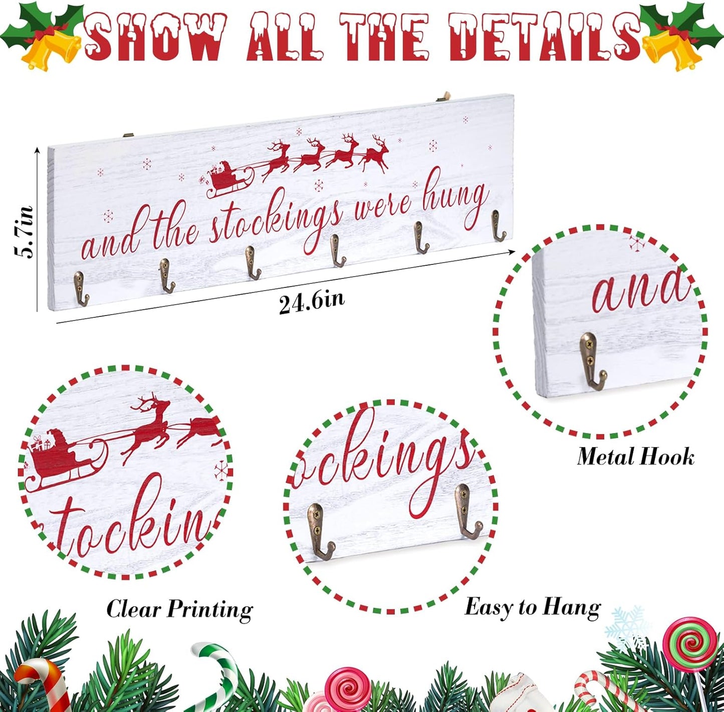 Regine Switzerland Christmas Stocking Holder - 24 Inch White Wall Sign with 6 Hangers for Mantel