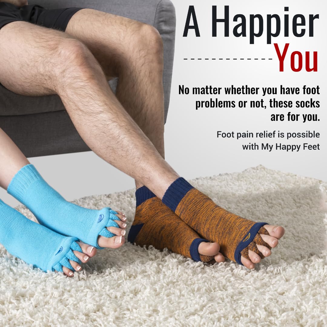 My Happy Feet Foot Alignment Socks with Toe Separators for Men or Women | Orange and Blue