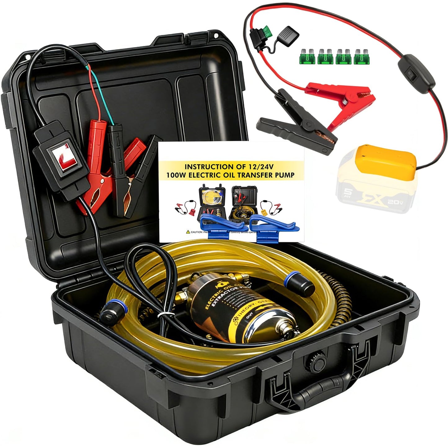 steauty 12V/24V 100W Oil Change Pump Set, Fast 1-4L/min Flow Oil Transfer Pump with Yellow Battery Adapter Compatible with DEWALT 20V/18V Battery, Fluid Transfer for Trucks, Boats, Lawnmowers