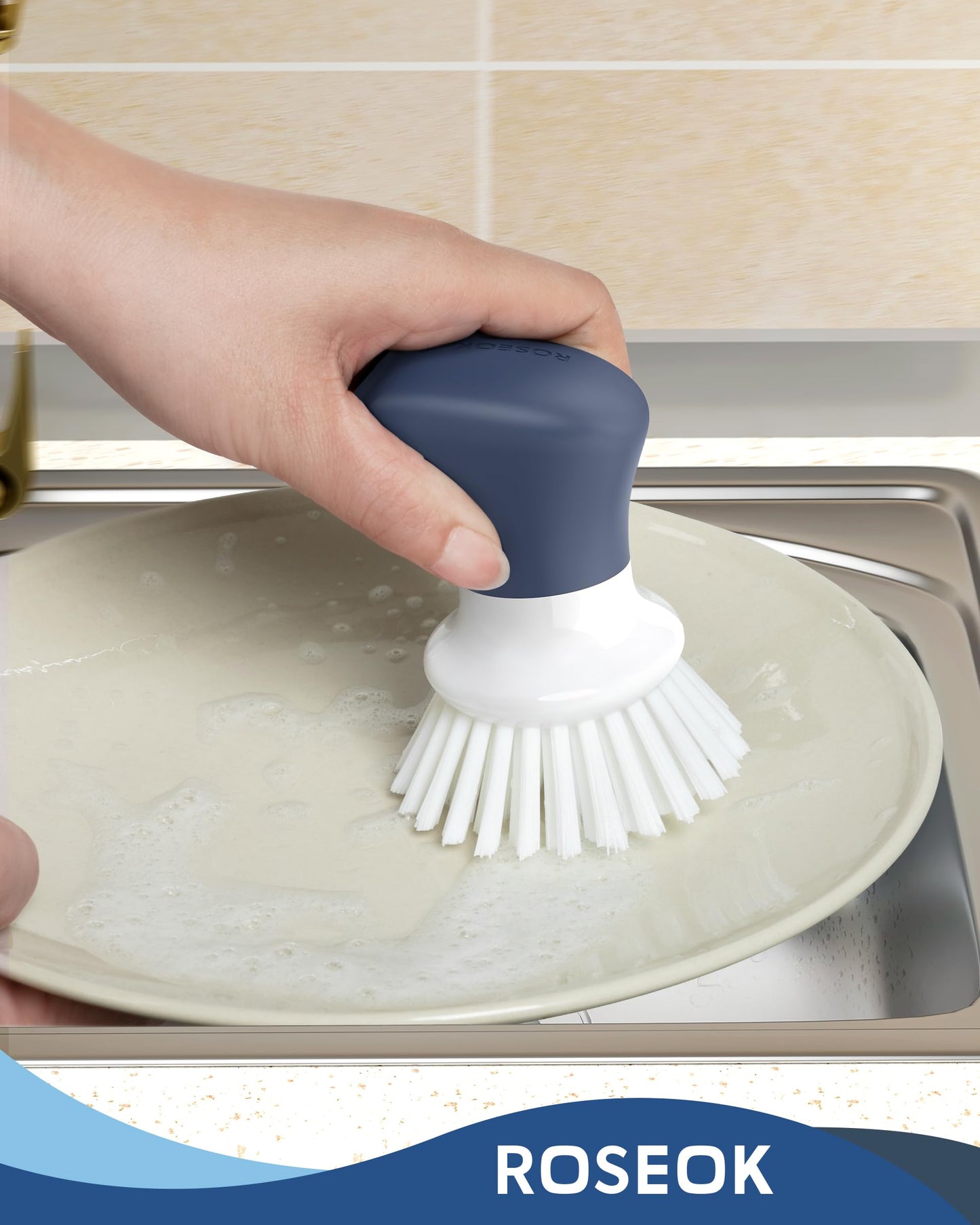 ROSEOK Dish Scrub Brush,Self-Standing Palm Brush with Ergonomic Grip for Cleaning Dishes,Non-Stick Pans and Sinks,Navy Blue,2 Pack