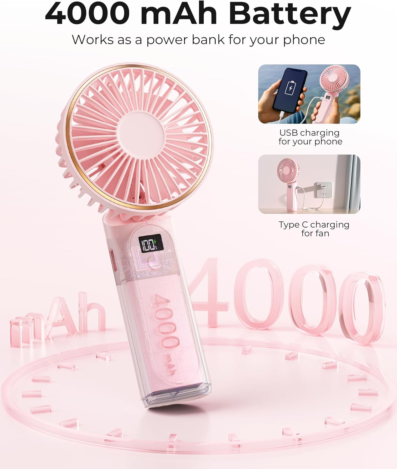 TUNISE Portable Handheld Fan - USB Rechargeable, 4000mAh Battery, 6 Speed Settings, 180° Adjustable