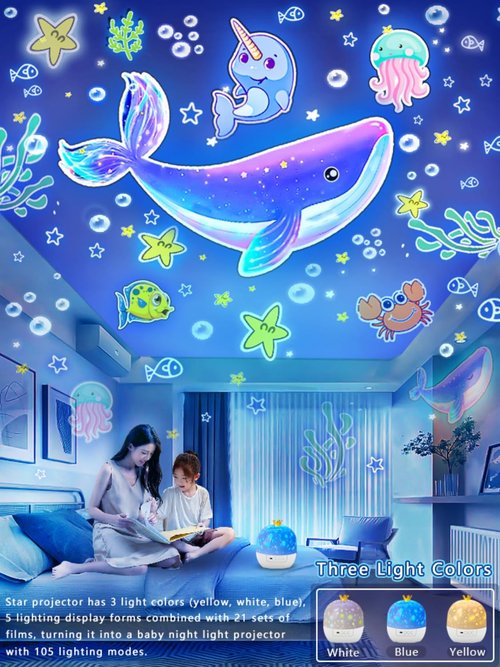 21 Sets of Films + Projector Night Light for Kids, Kids Night Light Projector, Ceiling, Remote Control & Bluetooth Speaker, 360° Rotating Lamp for Baby Girls Christmas, Nursery, Room Decor