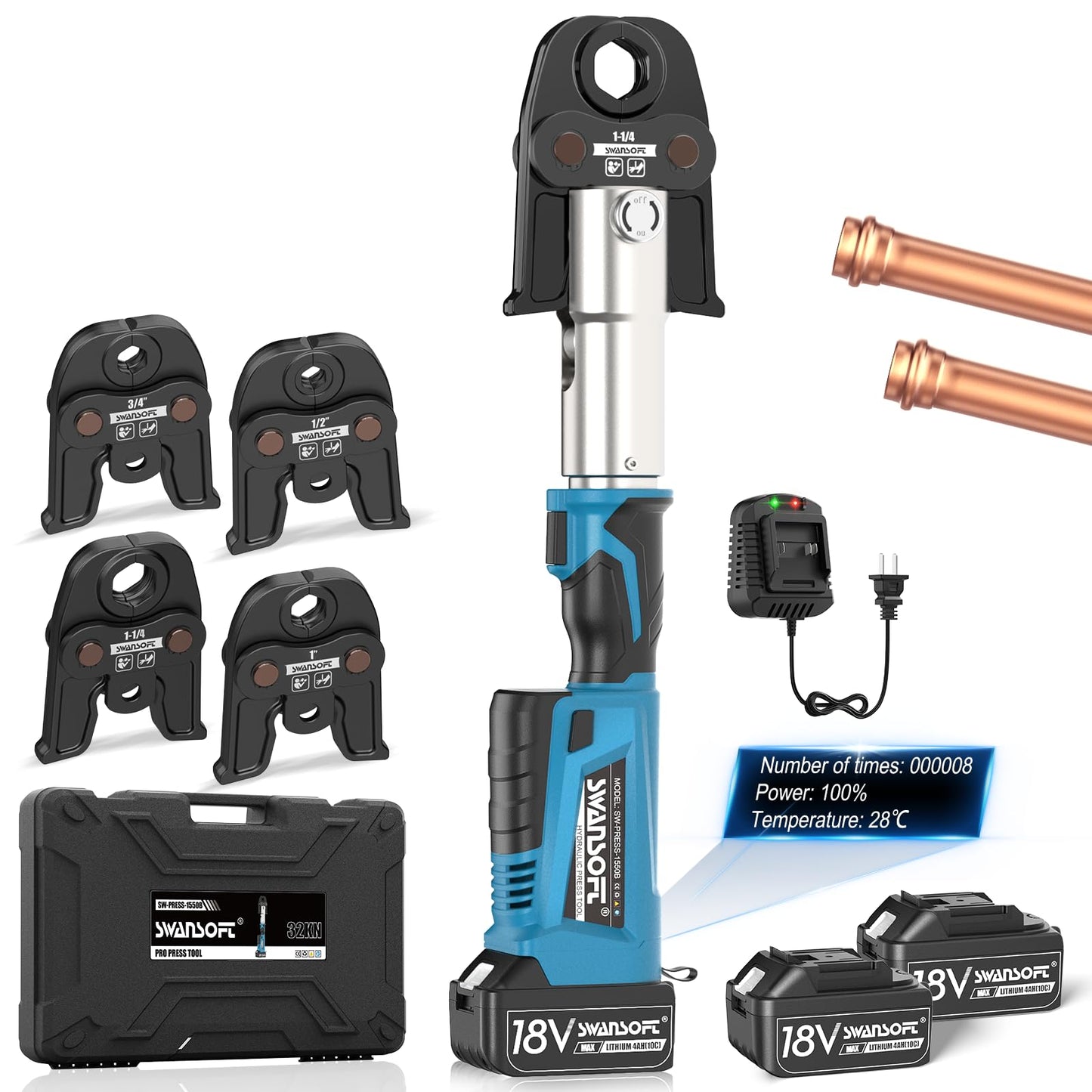 SWANSOFT Pro Press Tool, 18V 4Ah Hydraulic Copper Crimping Tool Electric with 4 US Standard Jaws 1/2", 3/4'', 1", 1-1/4" Pro Press Copper Crimper Tool Plumbing Pro Press Tool Kit
