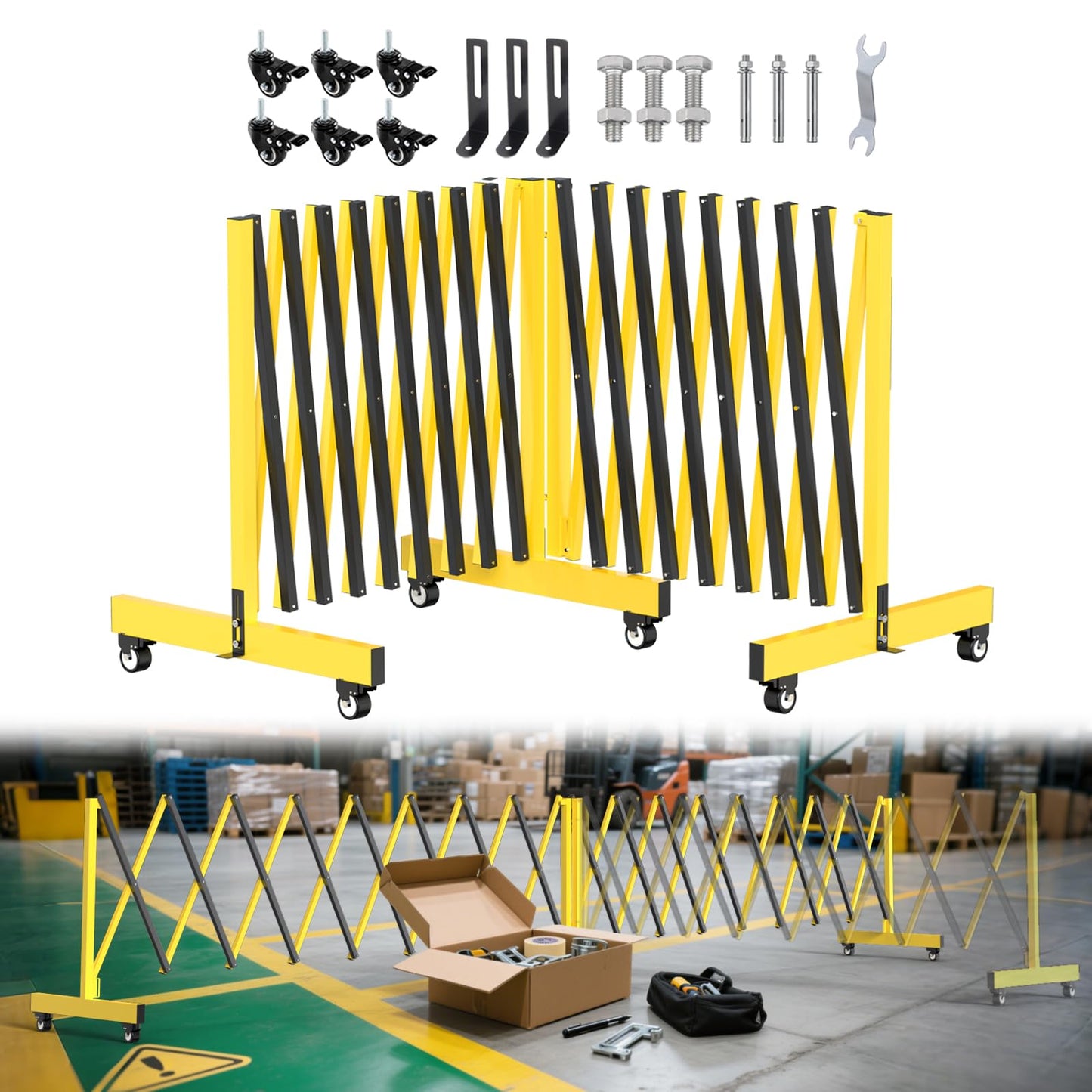 23 FT Industrial Expandable Barricade, Folding Security Gate with Wheels, Retractable Driveway Gate, Adjustable Traffic Fence for Construction Site, Traffic Control, Cordon, Elevator, Garage
