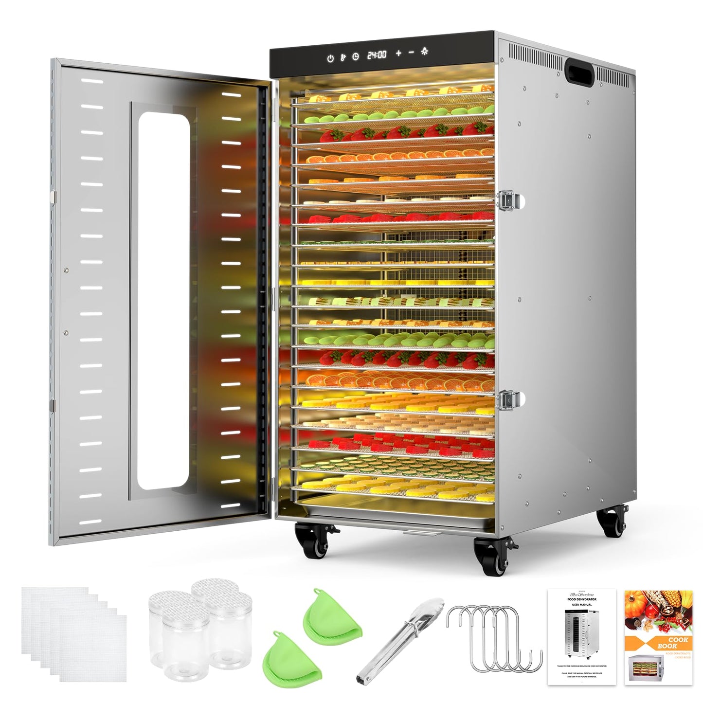 BriSunshine 20-Tray Commercial Food Dehydrator Machine, 24H Timer, 1600W Large Stainless Steel Dehydrators for Meat Jerky, Dog Treats, Fruits