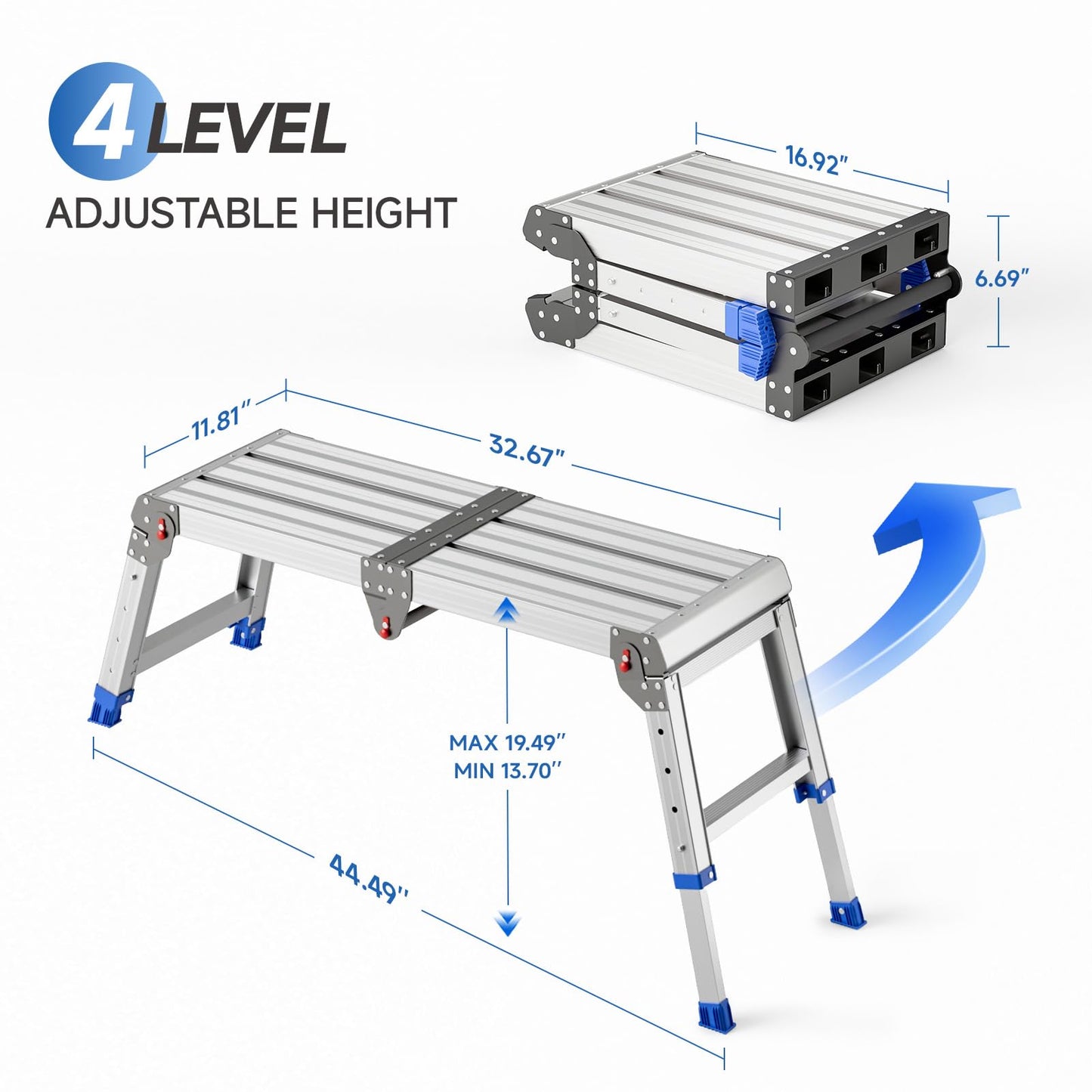 Loyoda Folding Work Platform for Adults, Aluminum Foldable Step Stool Adjustable Height, Lightweight and Durable Portable Outdoor Aluminum Step Ladder, Maximum Load Capacity of 500 Pounds.