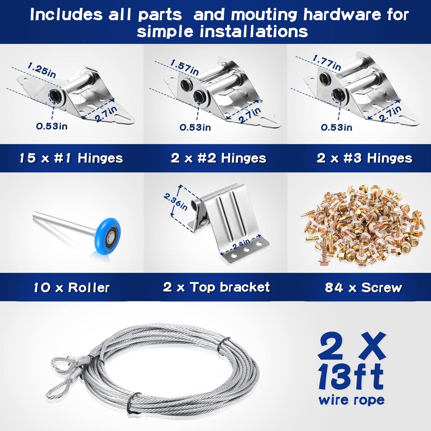 Lounsweer 117 Pcs Garage Door Rollers Hinges Set Bracket Screw Wire Rope Replacement Parts Nylon Garage Wheels Quiet High Load 6200RS Seal Roller Hardware Tune Up Kit for 16 x 7", 18 x 7" Door (Blue)