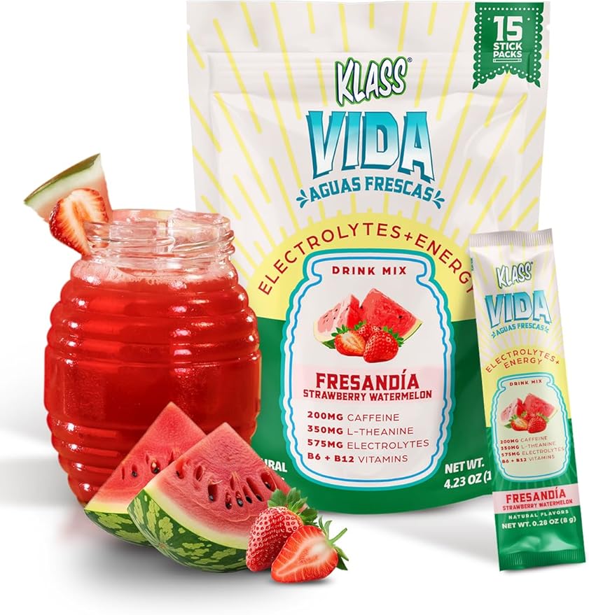 Hydration + Energy Electrolyte Drink Mix ??Strawberry Watermelon Agua Fresca Flavor | Sugar-Free Powder with Caffeine, L-Theanine, Coconut Water & Minerals | 15 Single-Serve Stick Packs