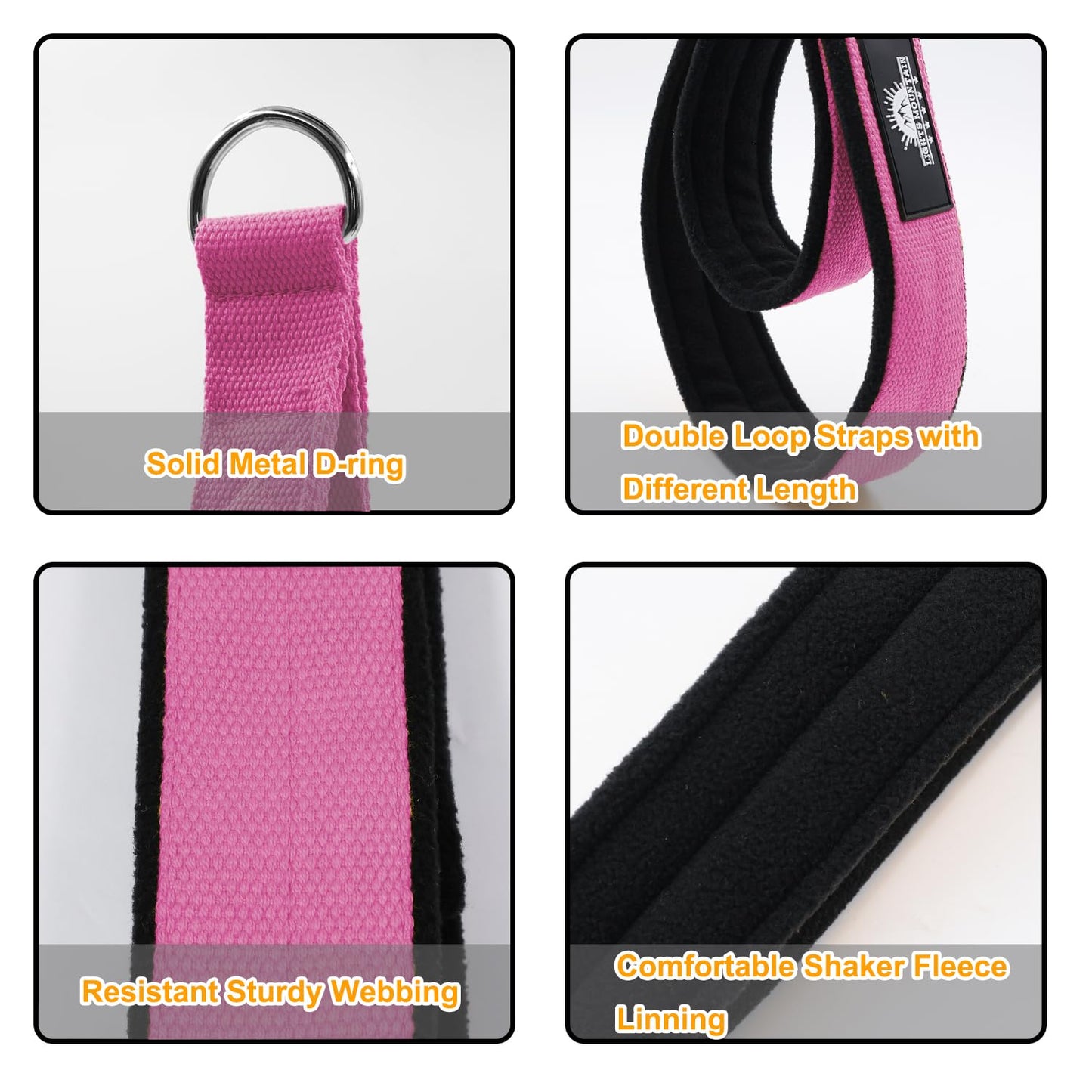 Lights Mountain Durable Pilates Double Loop D-Ring Straps - Padded Handles for Reformer, Yoga & Home Gym Workouts (Pink M)