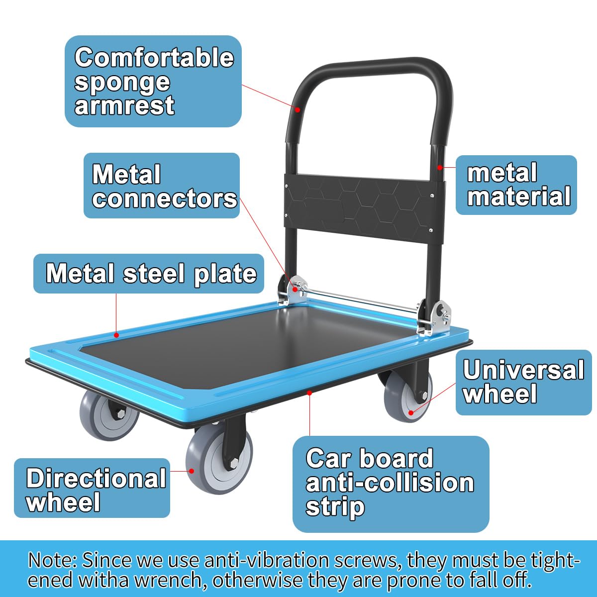 WUD Push Cart, Folding Mobile Platform Trolley,Thickened and Reinforced, 360° Swivel Wheels,30.3 “L x 19.7 ”W, 900 lb.Blue Dolly cart with Wheels