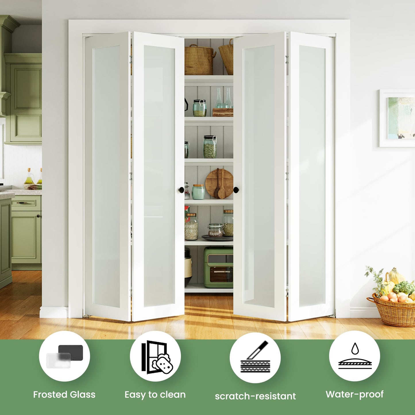 SMARTSTANDARD Bifold Door, 60'' (Double 30") x 80" Tempered Frosted Glass Bifold Closet Door, Interior Folding Doors with Hardware Track Kits, Easy Assembly, MDF, White