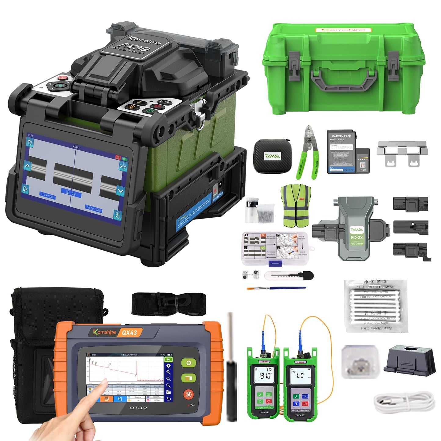 KomShine FX39 Core Alignment Six Motors Fast Splice 6S WithSpare Electrodes, Power Meter+SM 1310/1550nm 26/24dB OTDR Cable Tester Built in OPM OLS VFL RJ45