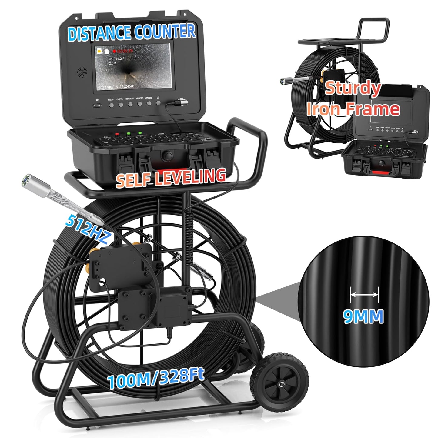 Sanyipace Sewer Camera 328FT/100M with 512Hz Transmitter, Self-Leveling, Drain Plumbing Pipe Inspection Camera with Mic Speaker, DVR Recorder, 16GB TF Card, 9mm Rigid Cable, Pipe Pulley Guide Wheel