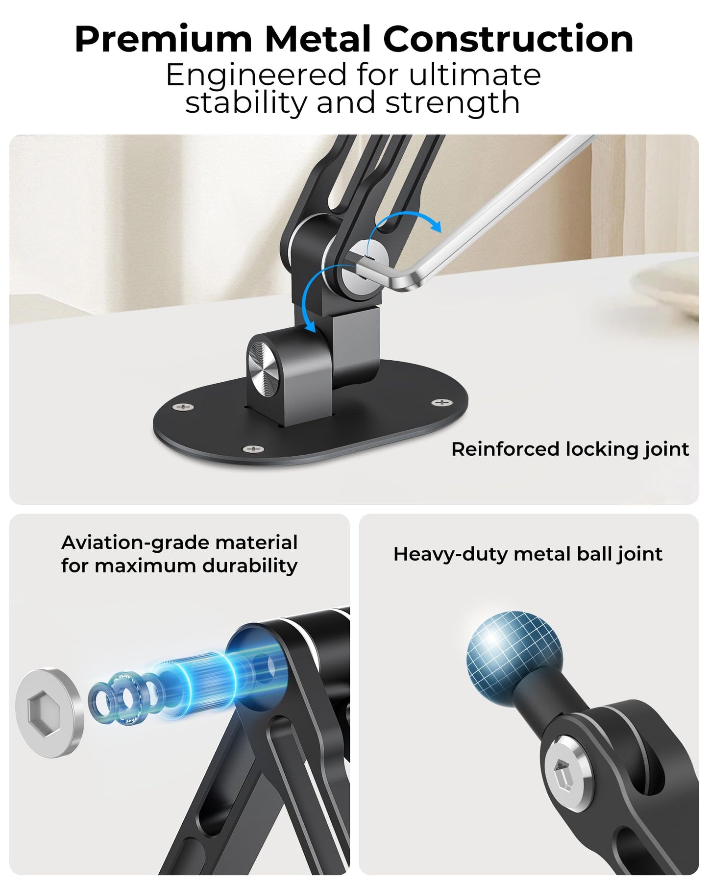 iPad Wall Mount Holder, Heavy Duty Aluminum Tablet Wall Mount, Full Motion Tilt & Swivel Base, Adjustable Foldable for Kitchen, Gym, Fits iPad Pro Air Mini, Galaxy Tab, 4.7-13" Phones & Tablets, Black