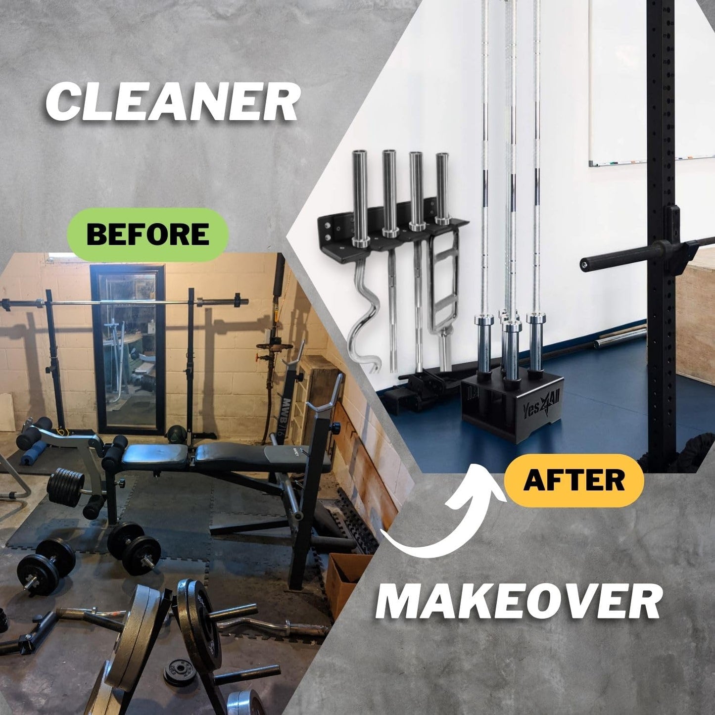 Yes4All Vertical Wall Mounted Olympic Barbell Holder, Barbell Storage Rack, Hanging Barbell Rack for Home Fitness Equipment - 4 bars