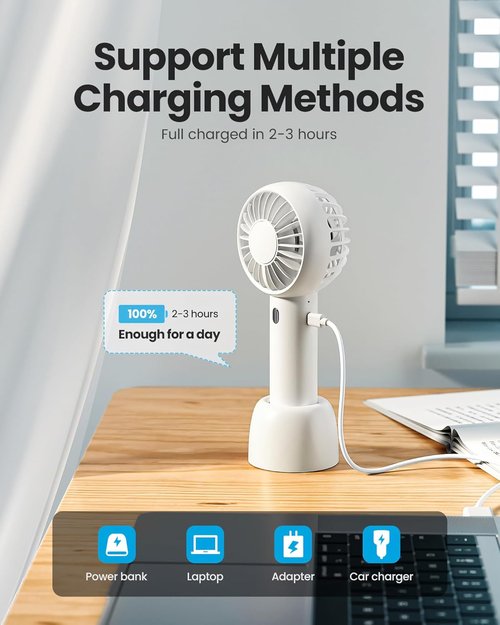 Gaiatop Mini Portable Fan - Powerful 3-Speed Handheld & Desktop Design | USB Rechargeable, Lightweight, White