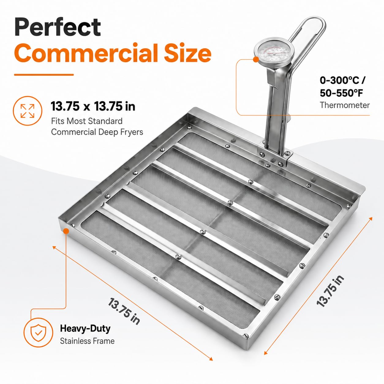 KGEWN Commercial Deep Fryer Oil Filter Strainer with Thermometer, 13.75 x 13.75 Inch 304 Stainless Steel 550 Micron Fryer Filter Screen, Heavy Duty Square Frying Oil Filter Tray for Restaurant Kitchen