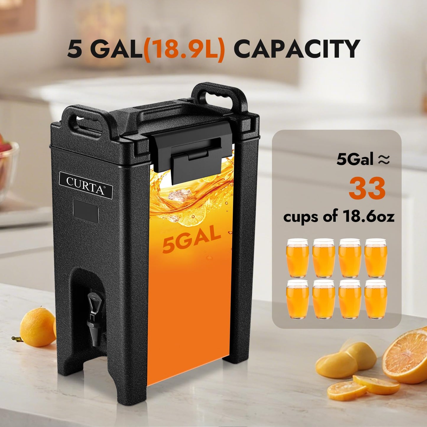 CURTA 5-Gallon Insulated Beverage Dispenser- Hot and Cold Drink Container with Ergonomic Handle, Stand & Leak-Proof Lock, Commercial Drink Pitcher for Coffee, Juice, Lemonade, Parties,Events