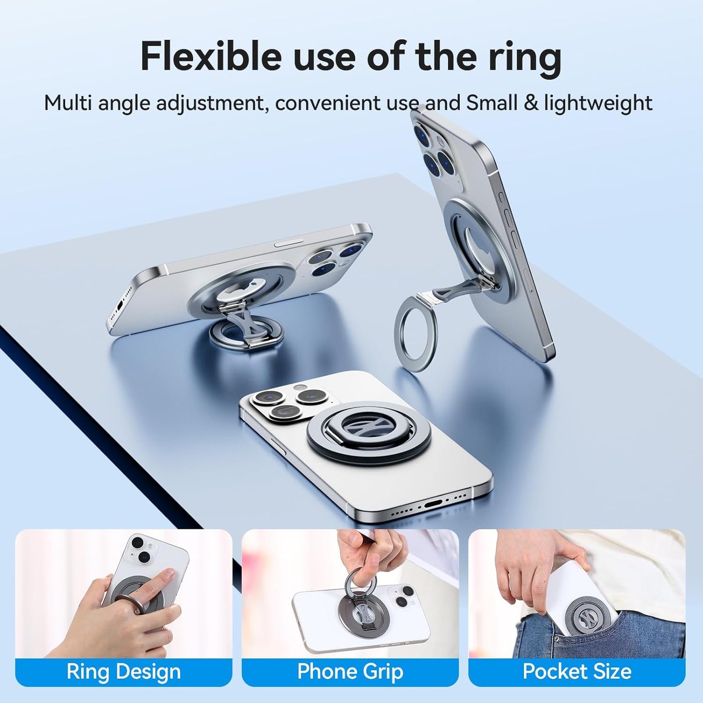360 Ultra-Light Dual Sided Magnetic Phone Holder,Car Mount, Rotation Finger Ring Holder,Foldable Magnetic Cell Phone