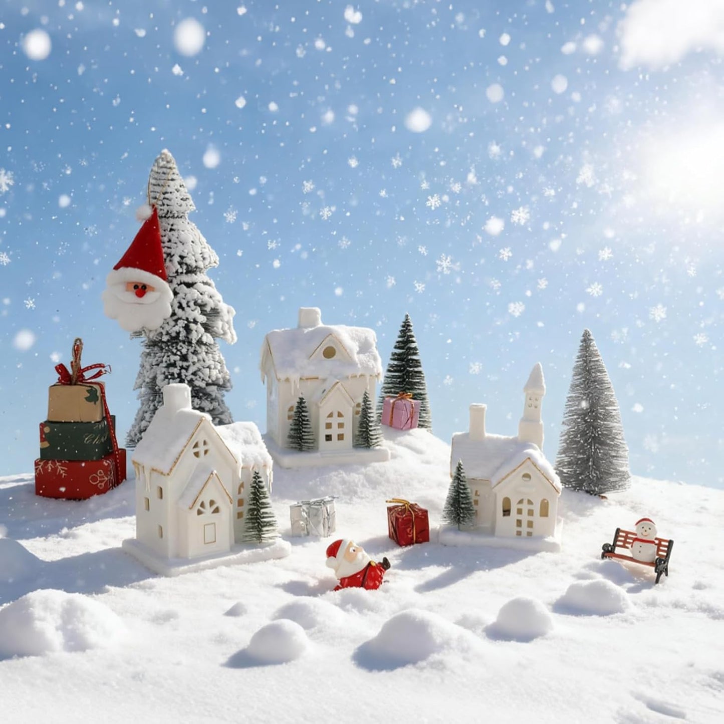 Skiennix White Ceramic Christmas Village Houses Set - 3 Light-Up Figurines with 4 Trees for Holiday Decor