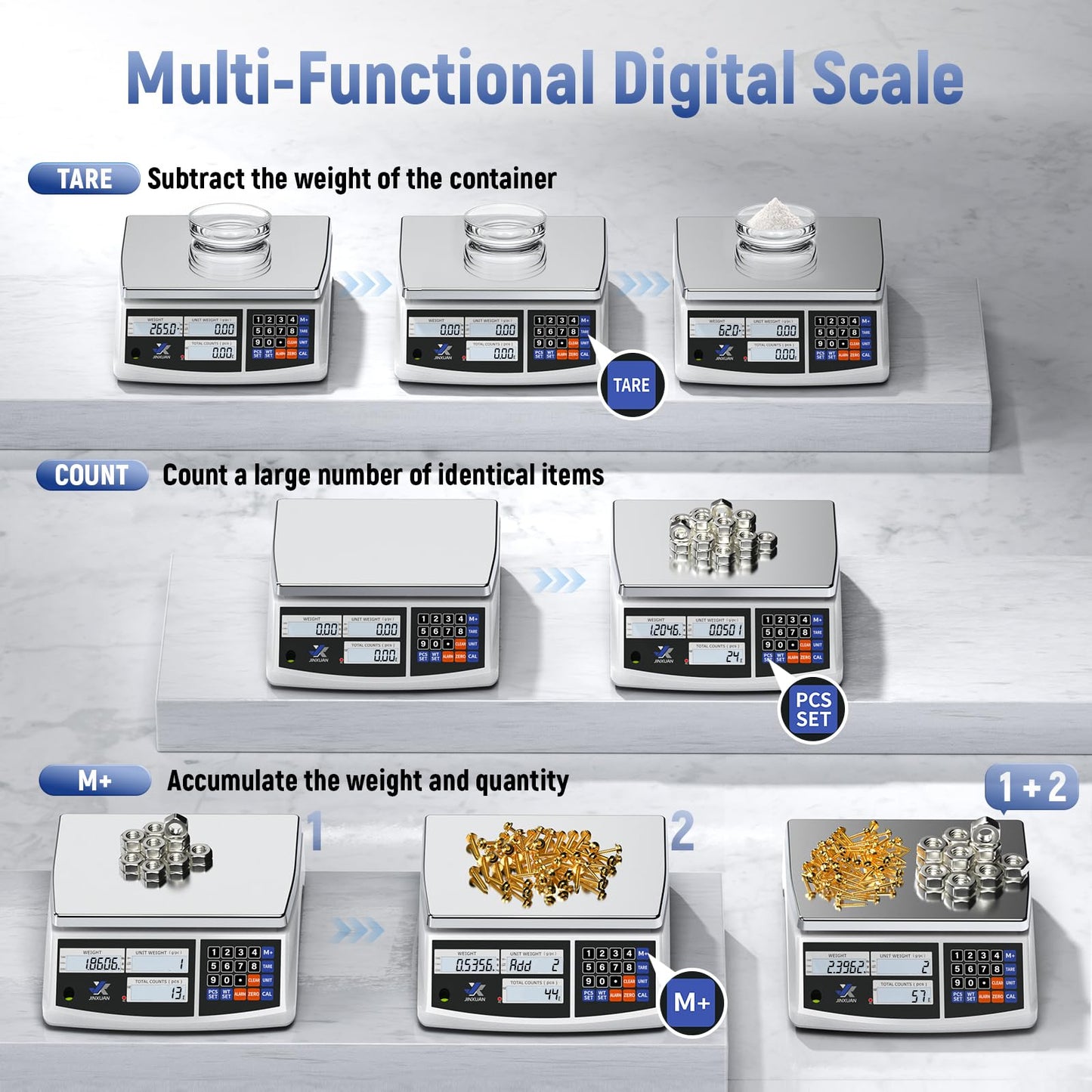 JINXUAN Industrial Counting Scale 30kg/66lb x 0.1g Precision Bench Scale Digital Inventory Counting Weight Scale for Small Parts and Coins, Electronic Gram Scale with Batteries/AC Power, lb/g/kg/oz