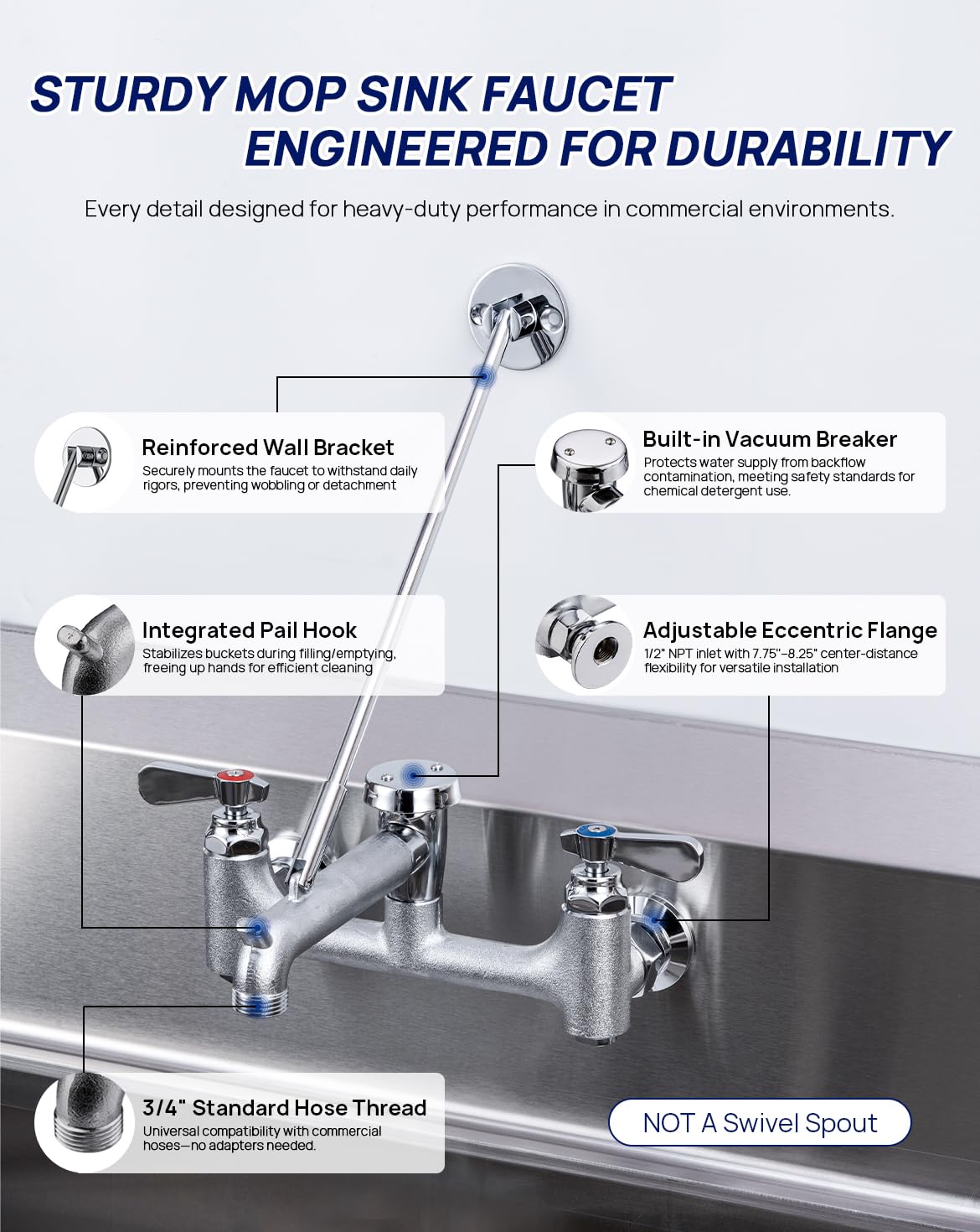 Sepaitek Commercial Mop Sink Faucet 8" Center Wall Mount, Heavy-Duty Service Sink Faucet with Vacuum Breaker 3/4" Hose Thread, for Industrial Outdoor Janitor Floor Mop Sink, Brass Casted Chrome Finish
