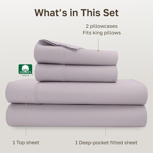 California Design Den King Size Cotton Sheet Set - 100% Soft Cotton, 400 Thread Count, Deep Pockets | Dusky Lavender Grey