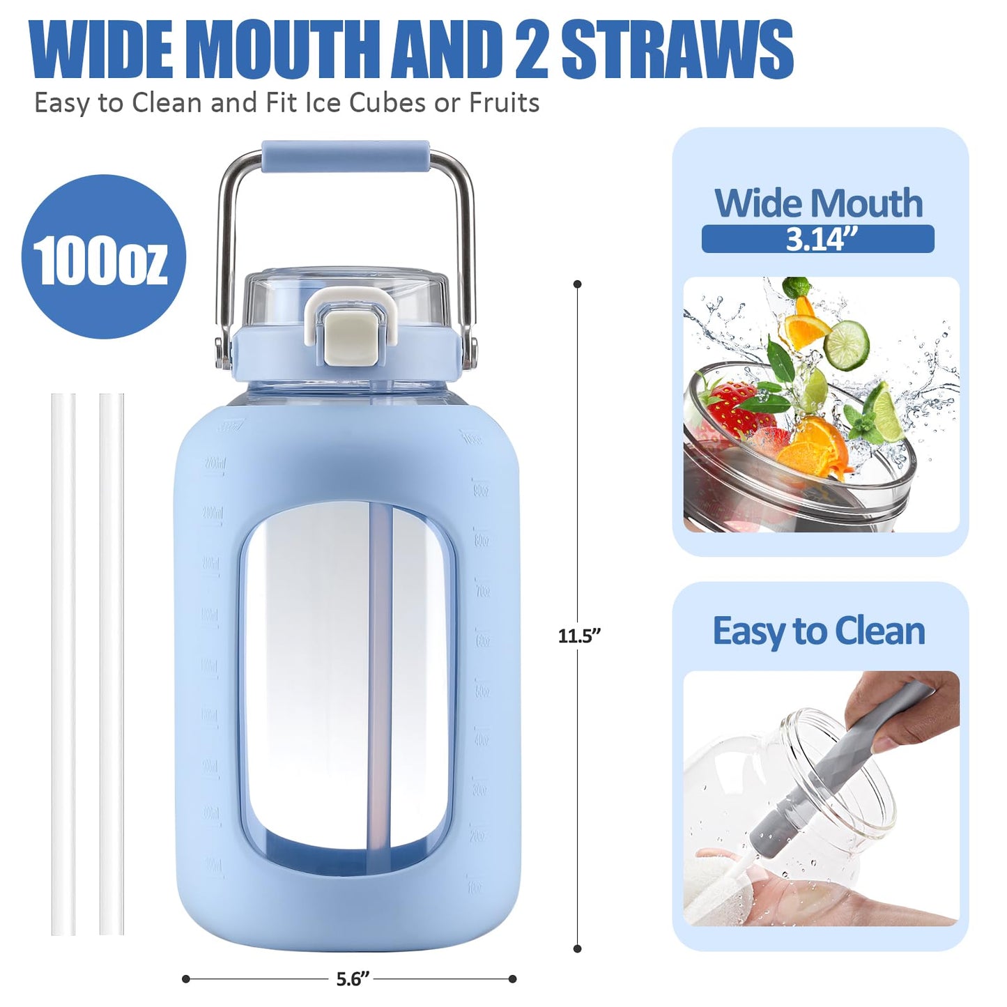 WINSA Large Glass Water Bottles with Stainless Steel Handle,100 oz Gallon Drinking Bottle with 2-in-1 Straw Lid,3 Liter Glass Water Jug with Silicone Sleeve,Wide Mouth,Light Blue