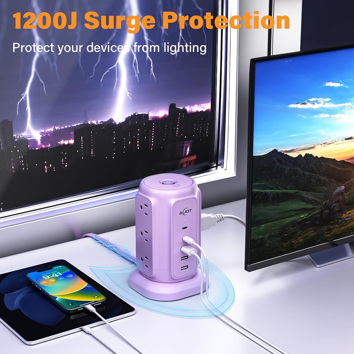 AiJoy 9 5 1200J 1625W USB C Power Strip Tower, AC Outlets and USB Ports Power Tower, Surge Protection, Flat Plug