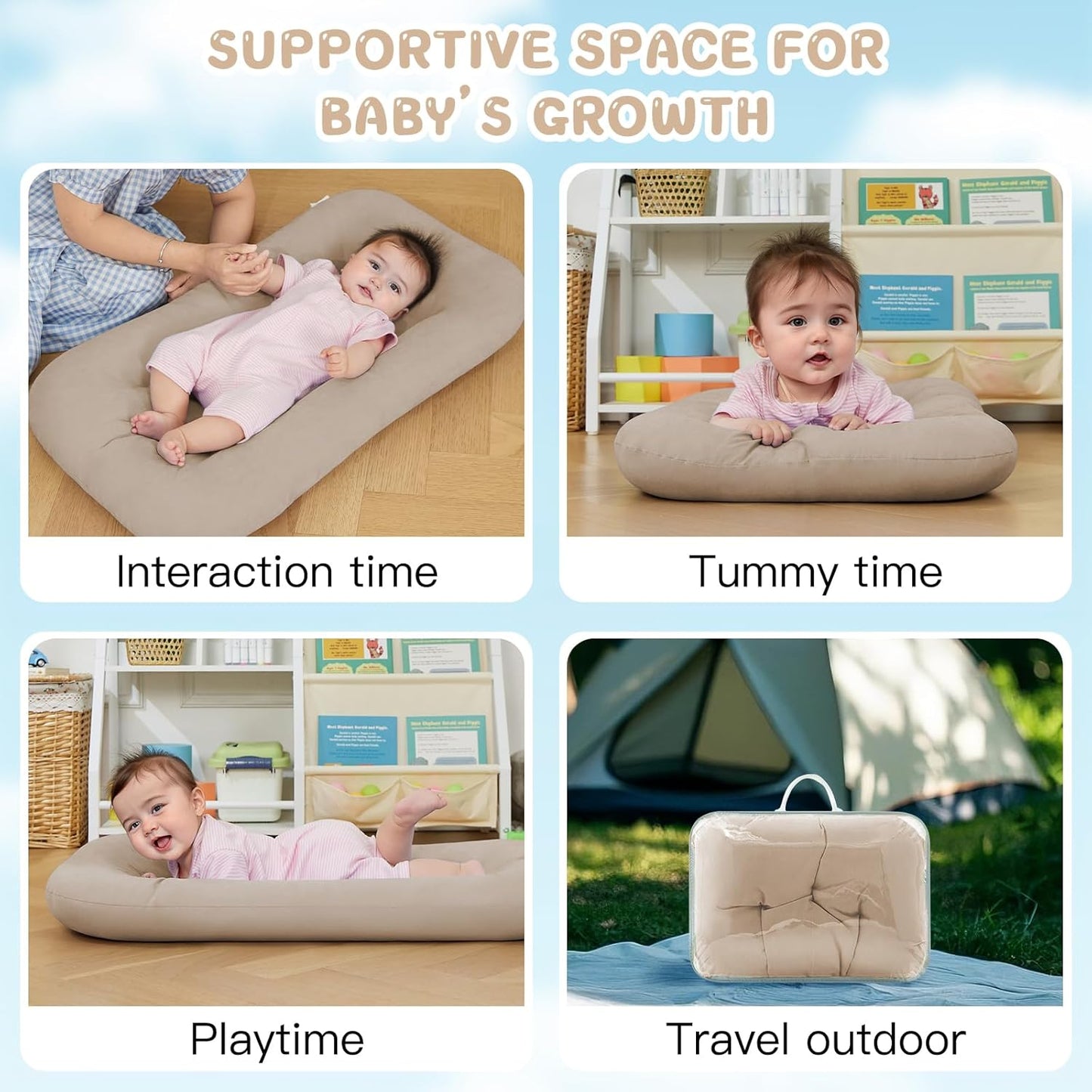 Baby Lounger - Bionic Design for Newborns | Soft Organic Cotton, Breathable, 0-18 Months (Cream Grey)