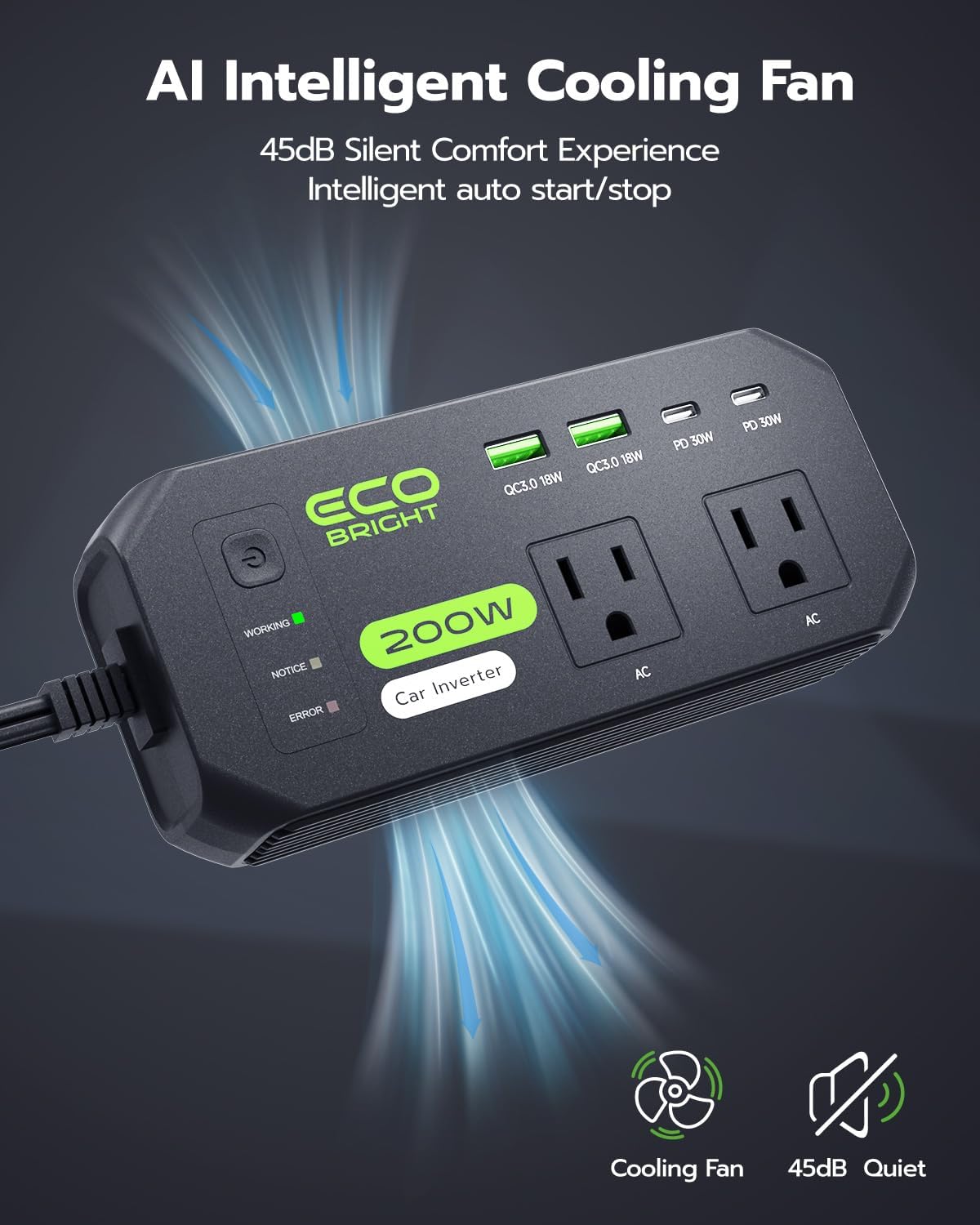 ecoBright 200W 12V 110V 30W 18W 2 12V Car Power Inverter DC to AC, USB-C & USB-A Fast Charging, AC Outlets for Laptop