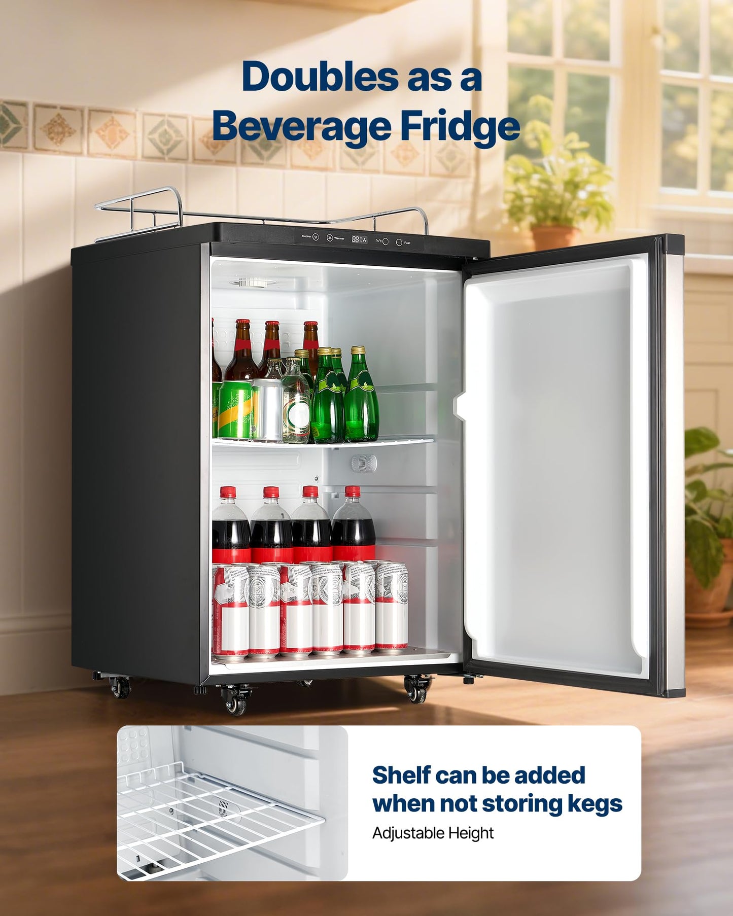 VEVOR Beer Kegerator, Triple Tap Commercial Draft Beer Dispenser for D system, Full Size Keg Refrigerator with 5lbs CO2 Tank, Hold 3 Sixth/2 Slim/3 Ball lock keg (3 taps - ball lock)
