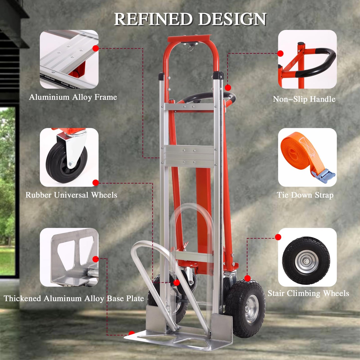 3-in-1 Industrial Aluminum Dolly Hand Truck,Convertible Hand Truck Dolly,1000 Lbs Capacity Hand Trucks Heavy Duty with PU Solid Wheels and Cargo Straps for Moving and Transport (red)