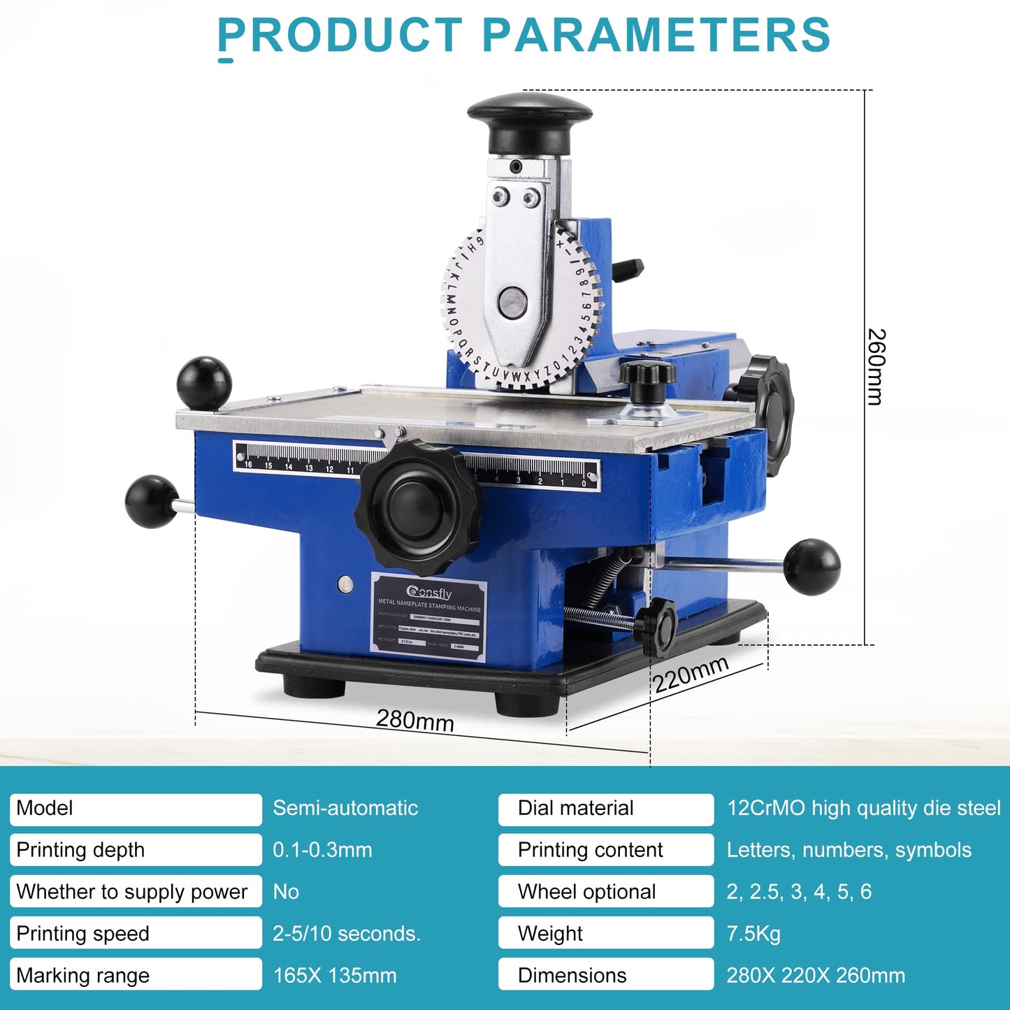 Consfly Metal Nameplate Stamping Machine Semi-Automatic Embosser Label Printing Marking Machine Dog Tag Printer (5mm Character Wheel)