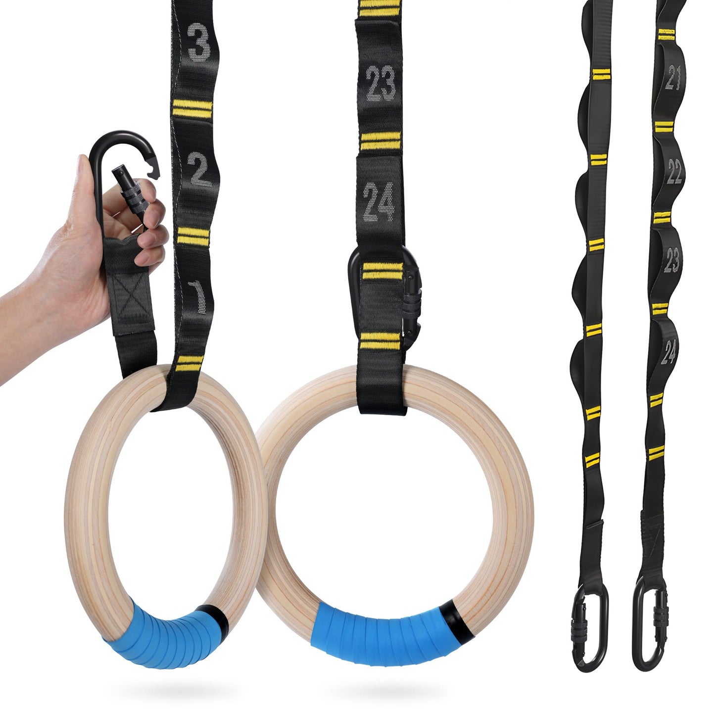 PACEARTH Wooden Gymnastics Rings Set with 8.5ft Numbered Daisy Chains and Quick Carabiners 32mm Thick Wood Gym Rings 1500lbs for Full-Body Workout at Home on Crossfit Calisthenics Strength Training