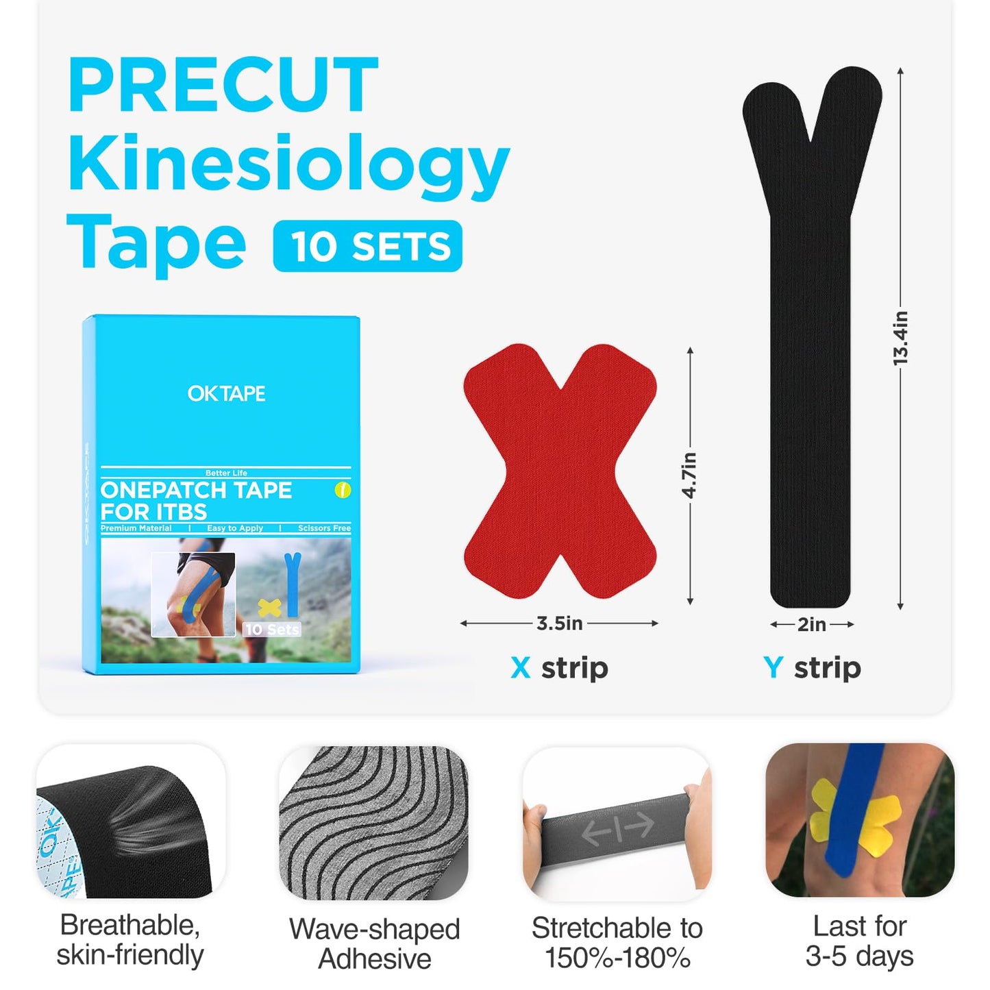 OK TAPE Precut Kinesiology Tape for Knee, Thigh, IT Band Pain Relief, 20 Strips, Provide Support & Stability, Elastic Athletic Tape, Waterproof Knee Tape for Running (Black & Red)