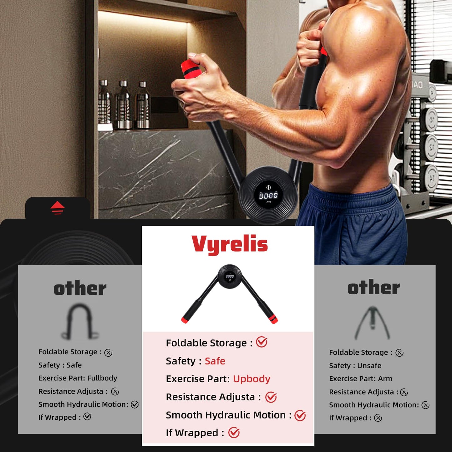 Vyrelis Hydraulic Power Twister Adjustable 22–440 lbs with Digital Display, Foldable Arm Chest Forearm Exerciser, No Snapback Safety, Portable Upper Body Strength Training Equipment (Red)