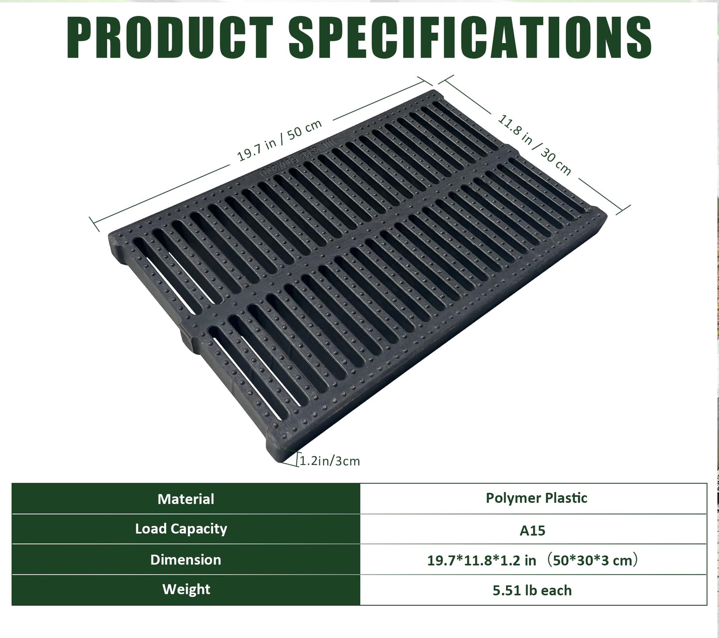 Natotela A15 8 Pack Polymer Plastic Channel Drain Grate-19.7x11.8x1.2 in Durable Trench Cover,Total Length 157.48 in Polymer Drain Strainer,Outdoor Drain Grates for Yard Sidewalk Patio Houseside
