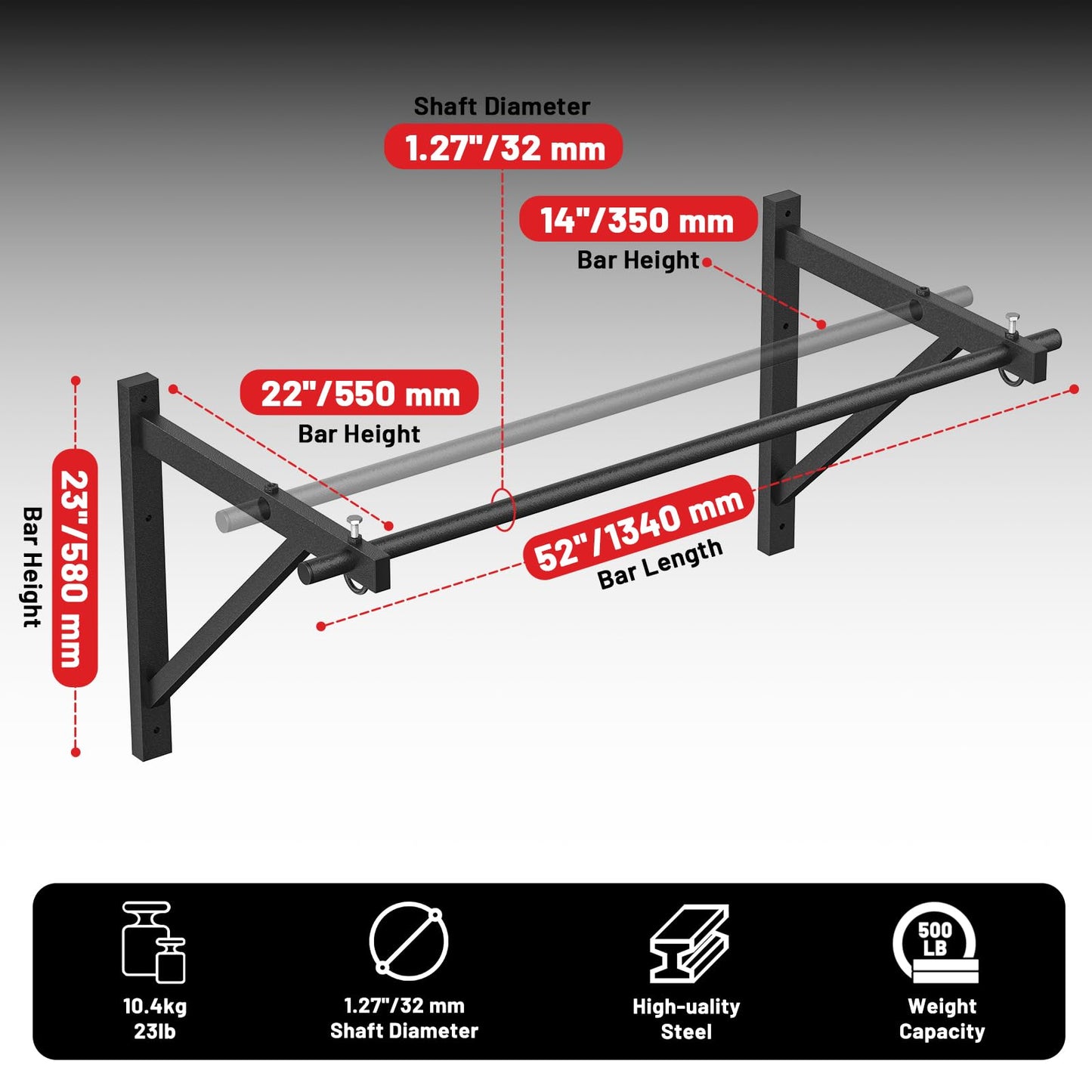 PAPABABE Wall Mounted Pull Up Bar, Chin Up Bar, Strength Training Pull-Up Bars Chin Up Bars for Home Gym, 500LBS Weight Capacity (Black 52 inch)