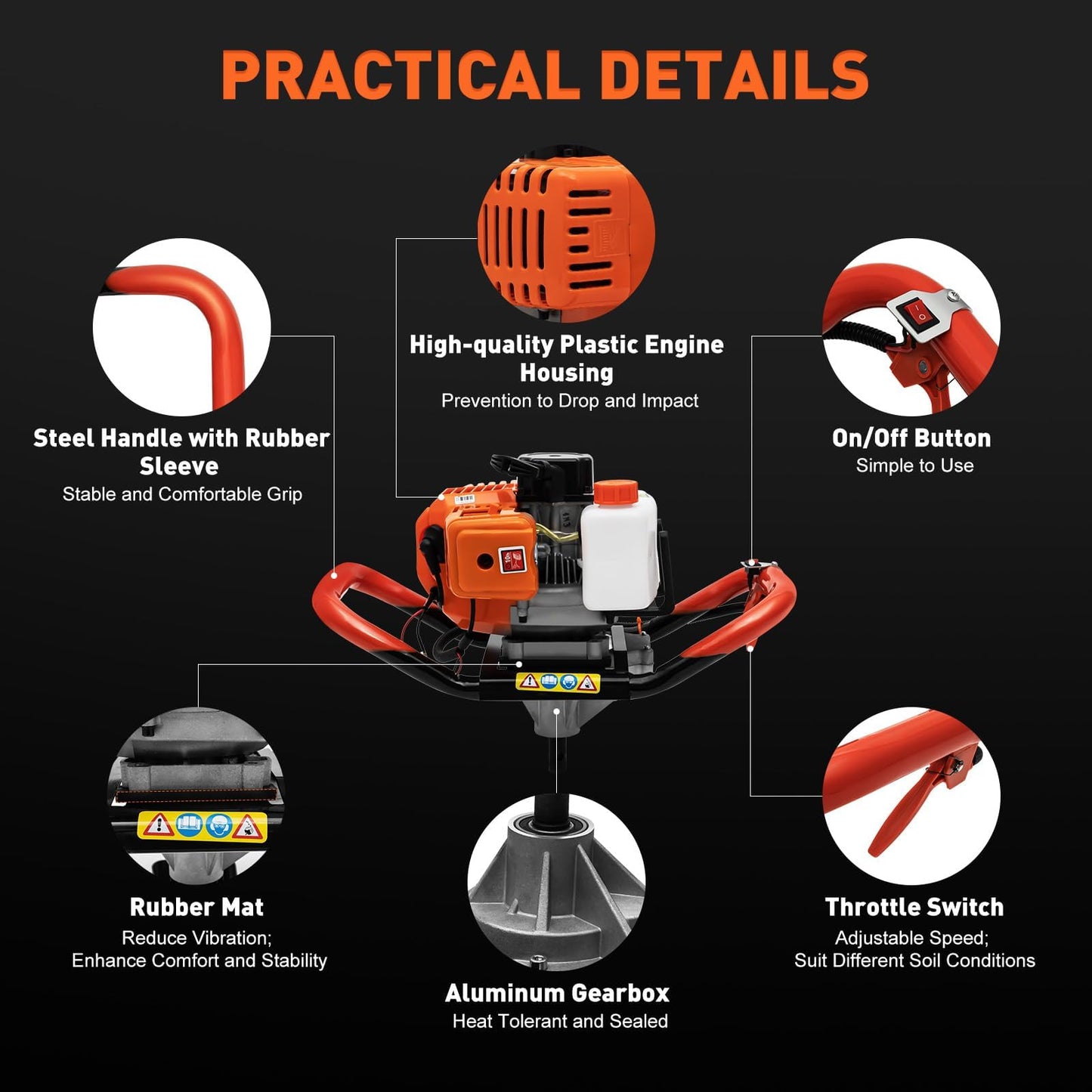 52CC Post Hole Digger Gas Powered, 1.98HP 2 Stroke Auger Post Hole Digger with 3 Drill Bits (4"/6"/8") + 1 Extension Rod for Planting - Ideal for Farm & Garden - Orange-[Arrives in Two Boxes]