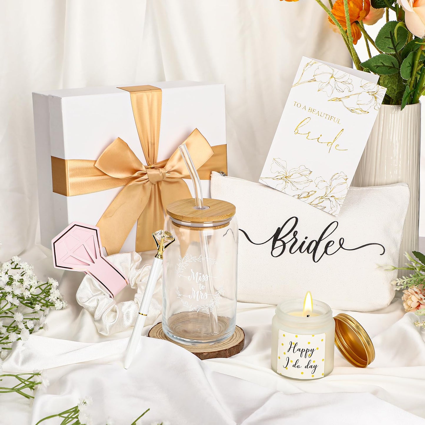 Irenare Wedding Gifts Bride Bridal Shower Gift Including Mrs Can Shaped Drinking Glass with Straw Makeup Bag Crystal Pen Scented Candle Scrunchies Raffia Card Gift Box for Engagement Party(White)