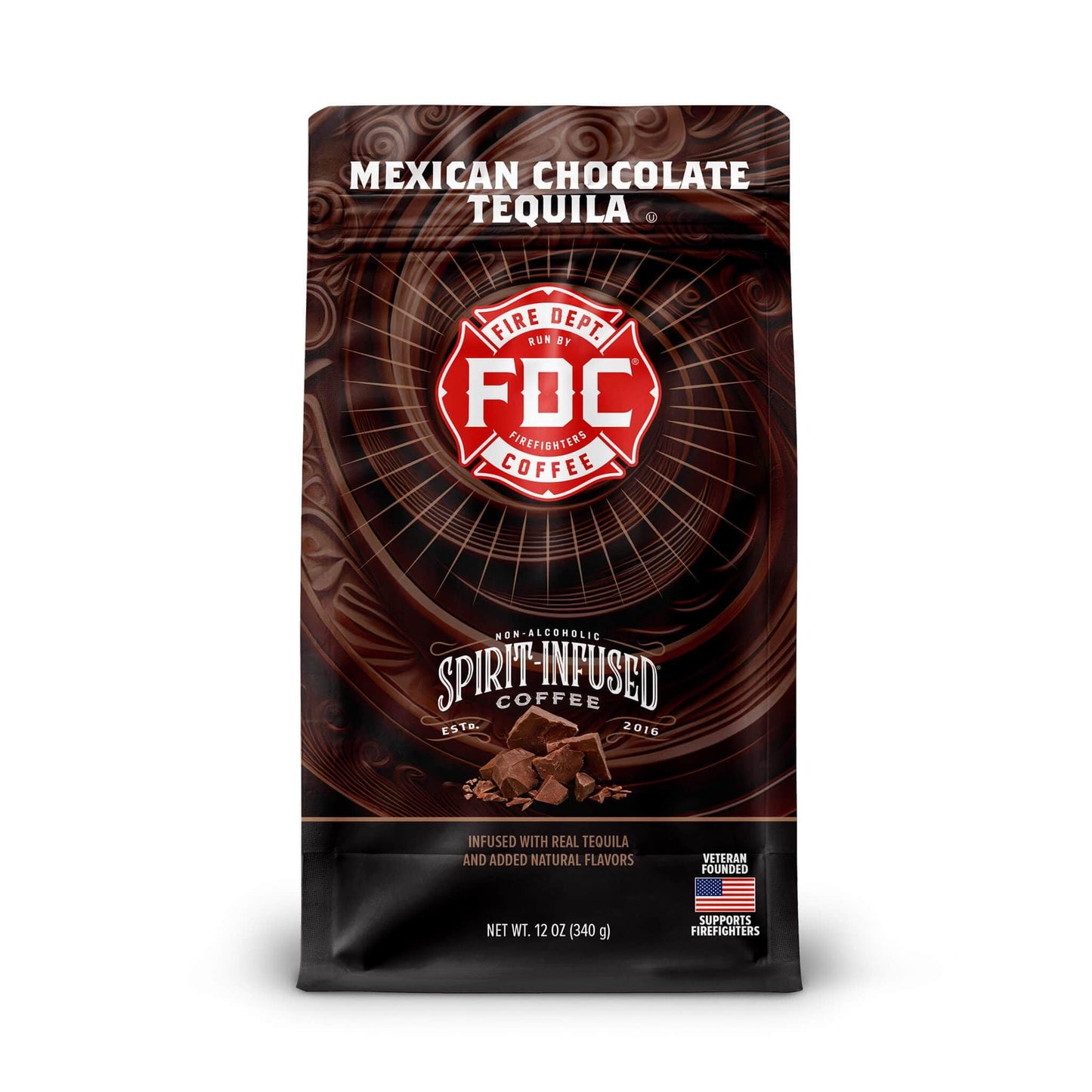 Fire Department Coffee - Gives Back to Firefighters - Mexican Chocolate Tequila Infused Whole Bean Coffee - Medium Roast - Non-Alcoholic - Roasted in the USA - Veteran Owned - 12 oz